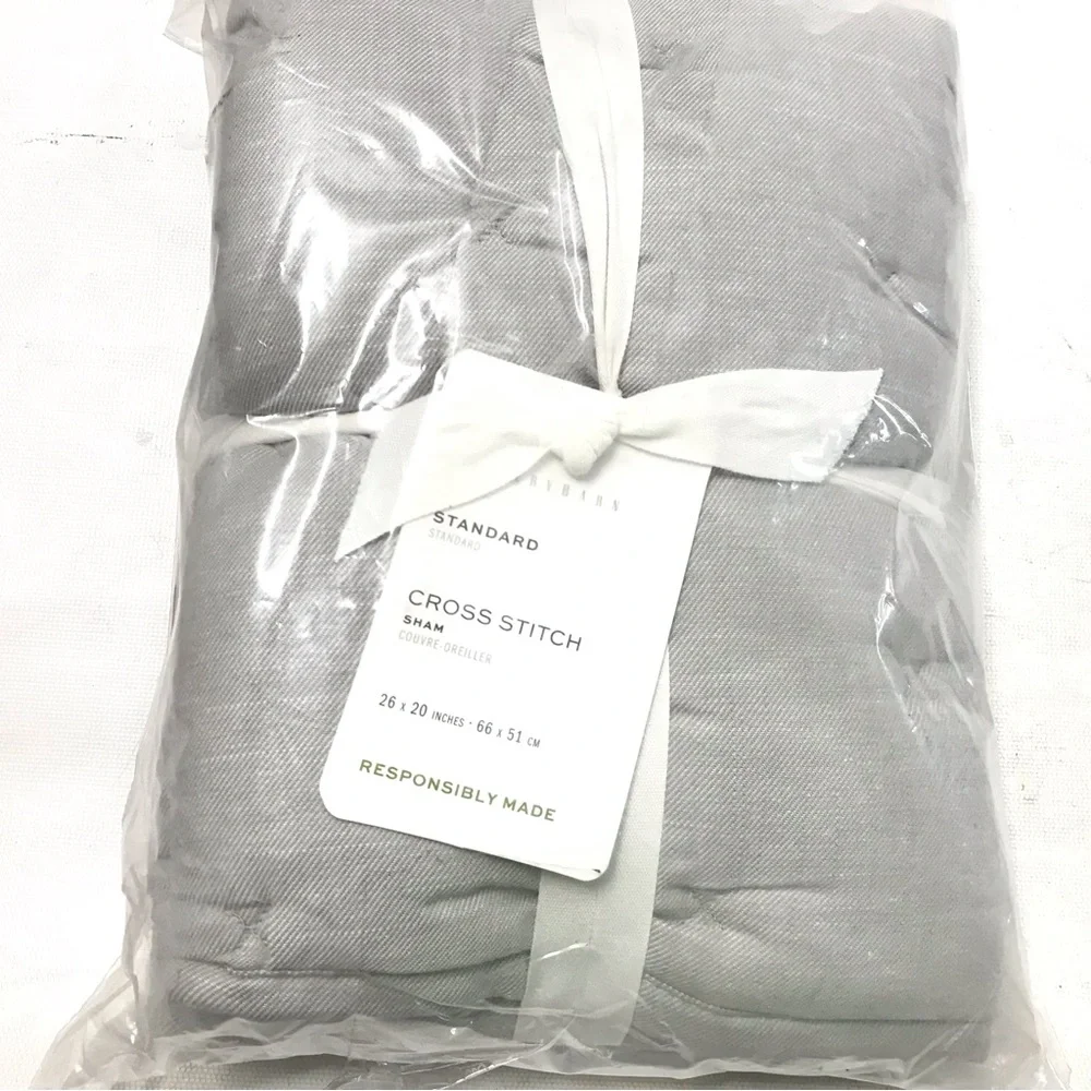 Pottery Barn Cross Stitch Cotton Quilted Sham Warm Gray Standard 26 x 20” New